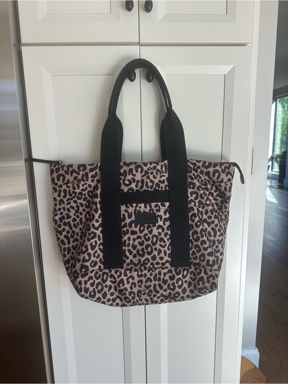 Tan Leopard Print Tote with Black Straps